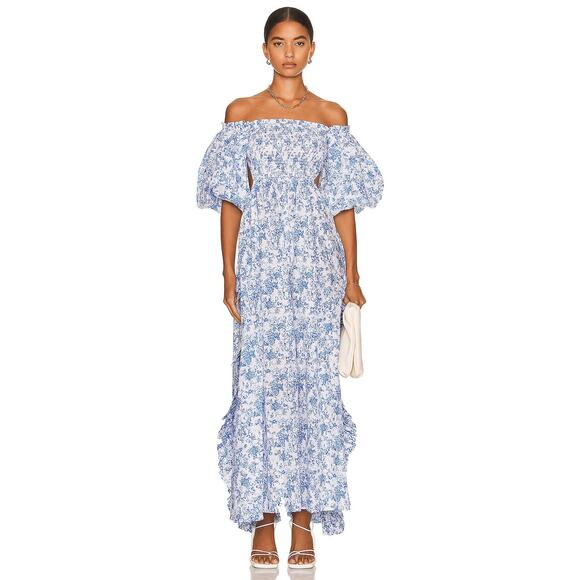 Caroline Constas Yara Blue Toile Floral  Off Shoulder Puff Sleeve Maxi Dress S - Picture 1 of 16